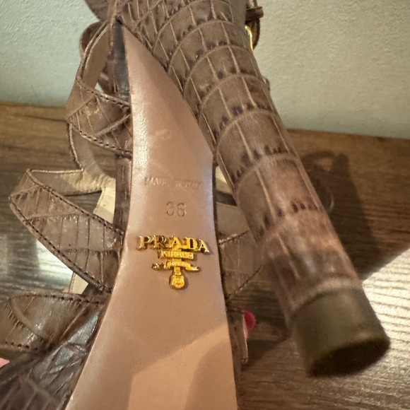 Prada Platform Sandals Brown Croc-Embossed Leather Slingback Heels - Picture 7 of 14